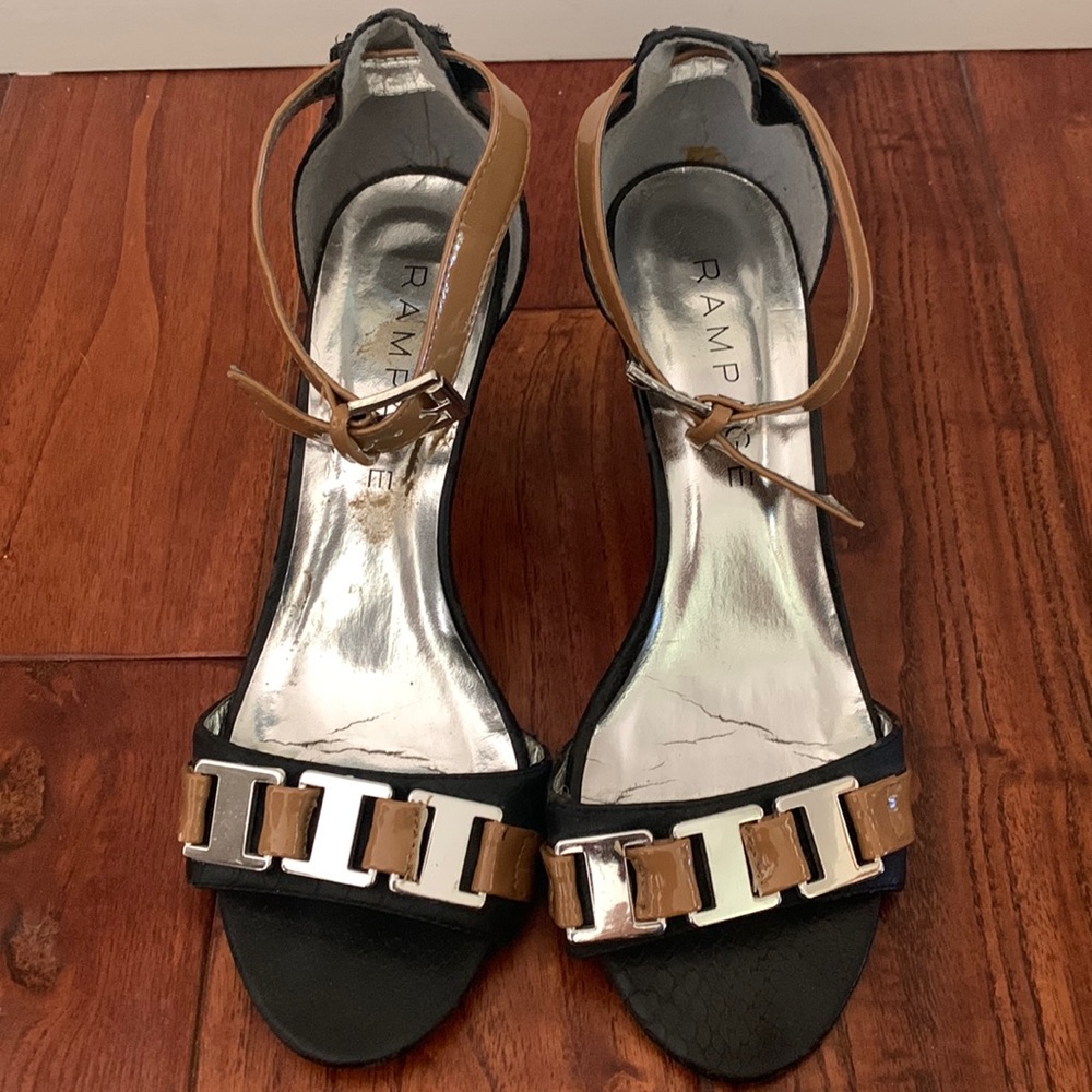 Ladies Size 8 Rampage AUDRA 3.5" Heel Black & Tan Strap Open Toe Dressy Sandals